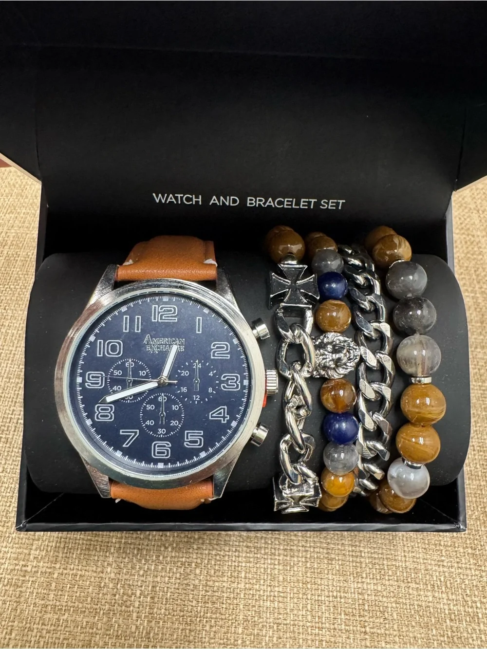 American Exchange Men's Watch & Bracelet Set Silver Tone Brown Strap